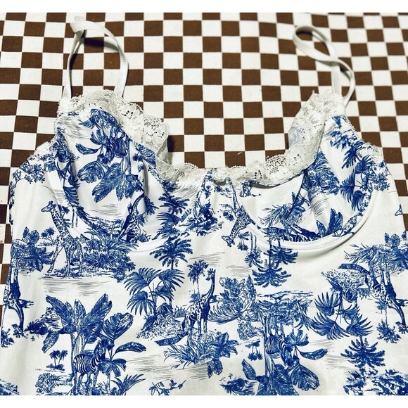 New Women White Blue Tropical print Dress Adjustable Strap Underwired Size small - Picture 3 of 9